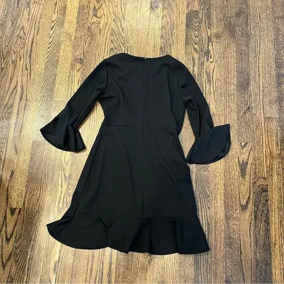 2Hearts Black Midi Dress Flared Sleeves Chic Ruffles Women's Size Medium - Picture 4 of 5